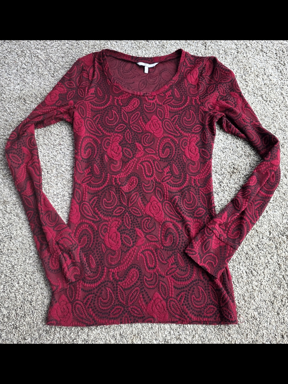 BKE Red Paisley Lace-Style Long Sleeve Top